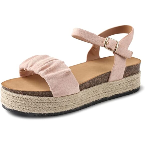 Wedge Espadrilles Buckle Ankle Strap Platform Sandals Light Pink Sz 9 - Picture 1 of 4
